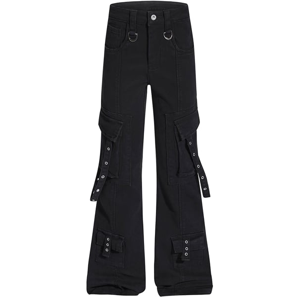 サイドポケットハトメストラップブラックフレアデニム(ruf_02476)