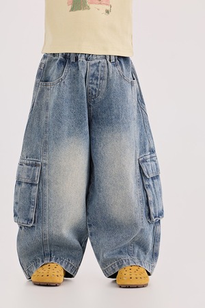 こなれた色落ちが映える○゜ワイドデニムカーゴパンツ（ブルー）BOBI 2026春｜90-150cm｜ユニセックス｜ユーズド風｜ルーズシルエット ［取寄］