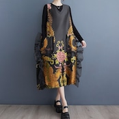 花鳥柄 ノースリーブ ワンピース  00035