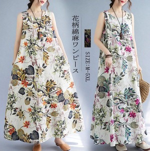 ワンピース 綿麻 ノースリーブワンピース 花柄 レディース 3色 M-5XL ロング丈 涼しい ゆったり カジュアル 26LT969