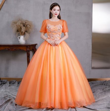 オレンジ　カラードレス　結婚式　ピンク　お花　レース　ロングドレス