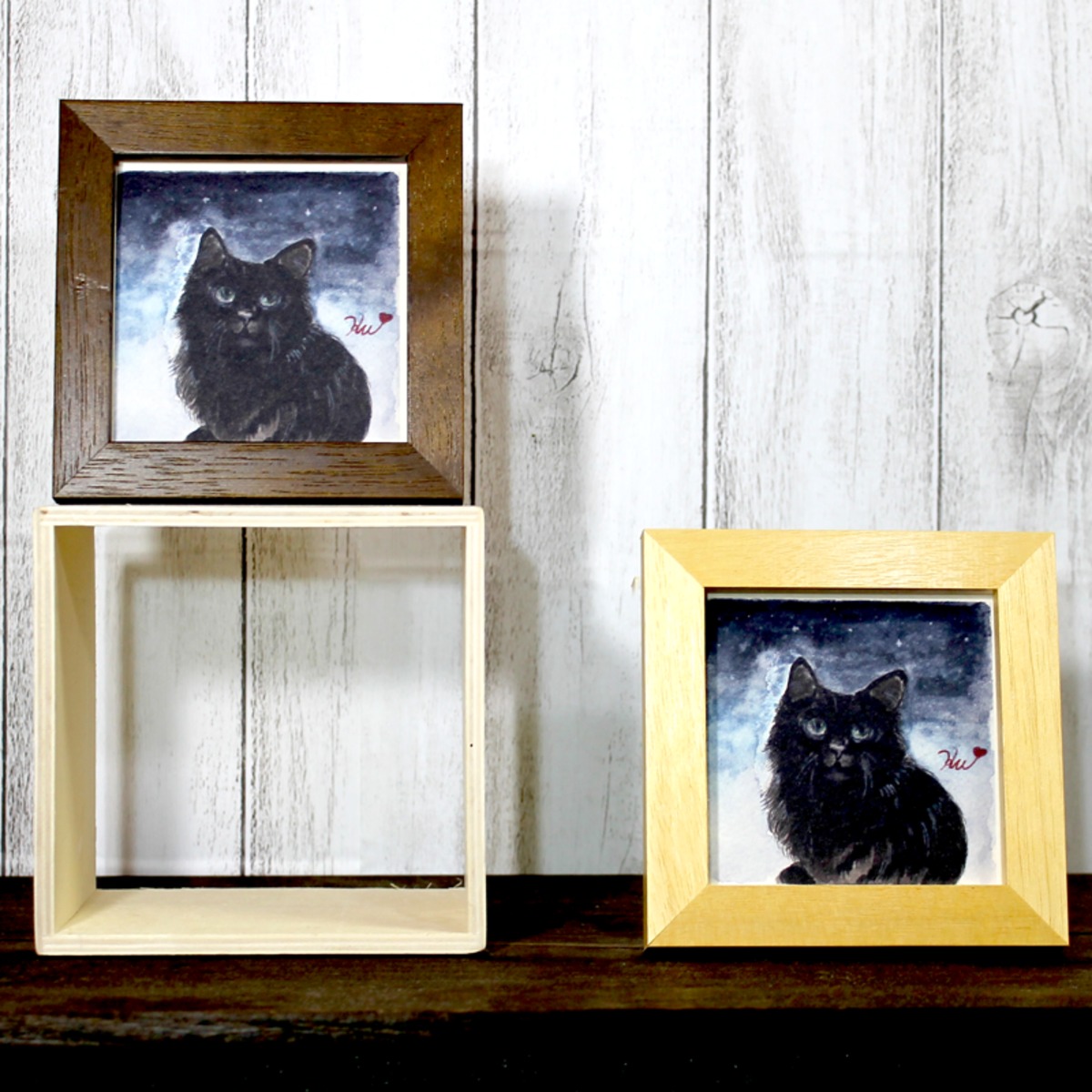 100×100㎜ 正方形ミニ額絵「夜の黒猫」 | atelier るんと