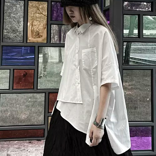 シャツ ブラウス アシンメトリー フロントボタン 半袖 無地 シャツブラウス レディース 大きいサイズ ゆったり シンプル カジュアル 大人スタイル サマー 半袖シャツ コットン ルーズ トップ