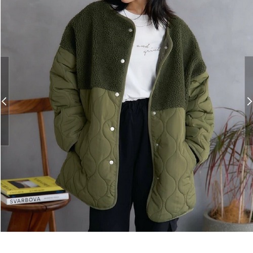 ボア×キルティング中綿ノーカラージャケット /カーキ/M