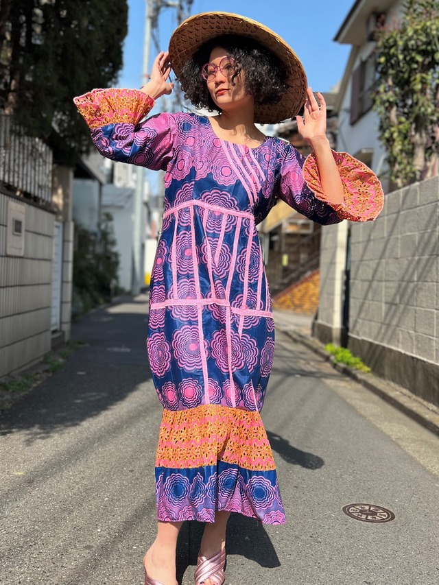 ★Special★Vintage african batik navy × pink floral mermaid dress ( ヴィンテージ アフリカンバティック ネイビー × ピンク 花柄 ワンピース )