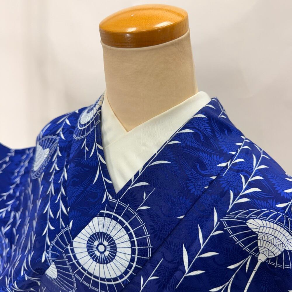 小紋 単衣 洗える着物 裄67.5cm 身丈162cm 花柄 お洒落着 普段着 ポリエステル 青 美品 L サイズ 6380