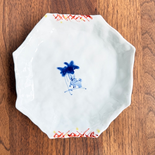松尾貞一郎作　八角取り皿 約15cm｜染錦草兎文｜取り皿・菓子皿・一品皿に　貞土窯・有田