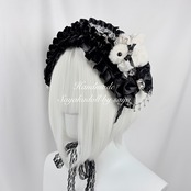 ♡【受注生産】No.5 きらめくティアラの天使のうさぎさん付き ドット柄フリル クリスタルドロップ 大人かわいい姫系リボンヘッドドレス black×white ♡