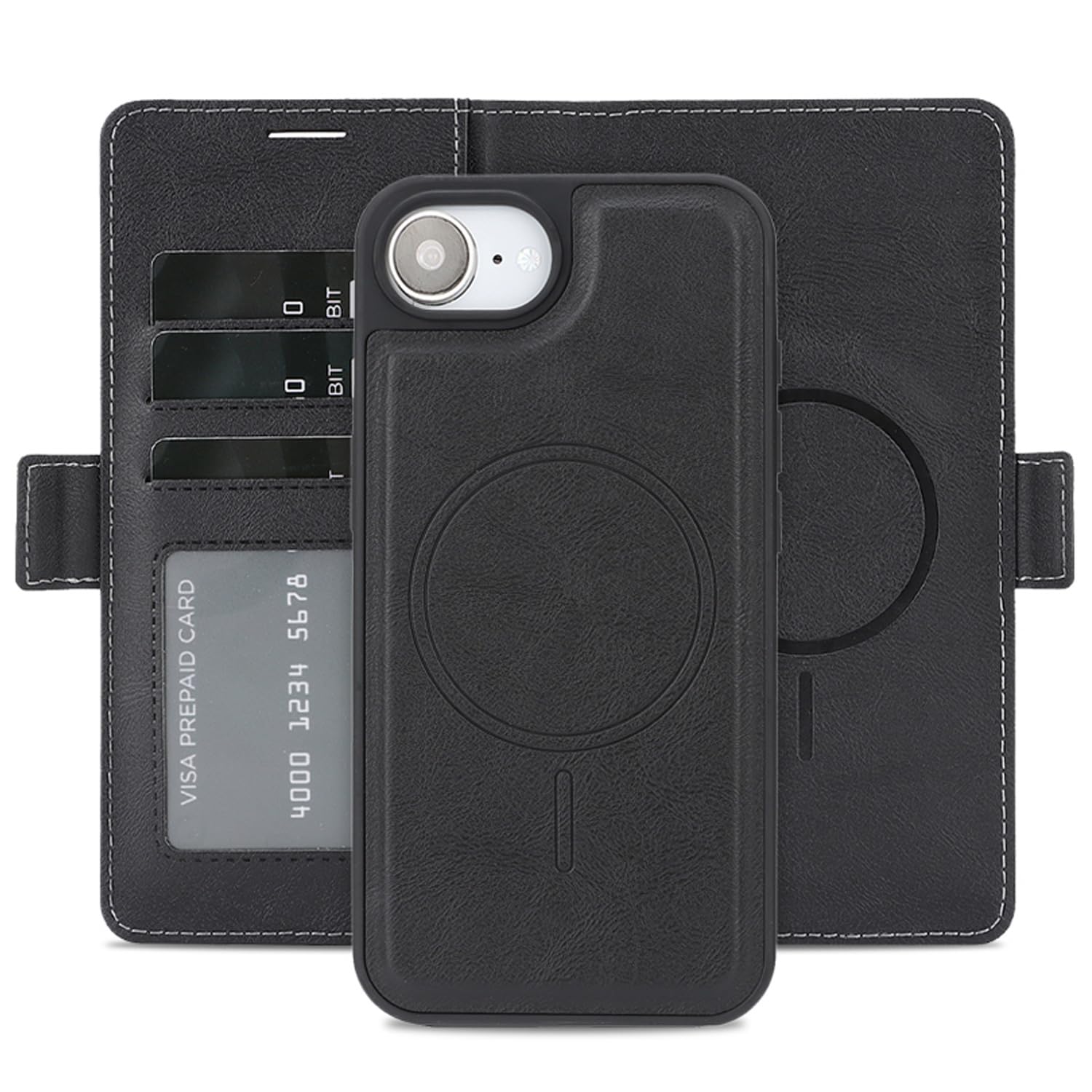 2in1 分離式 手帳型 iPhone 17e / 16e 用 ケース Magsafe対応 カメラ保護 カード収納 軽量 (ブラック)