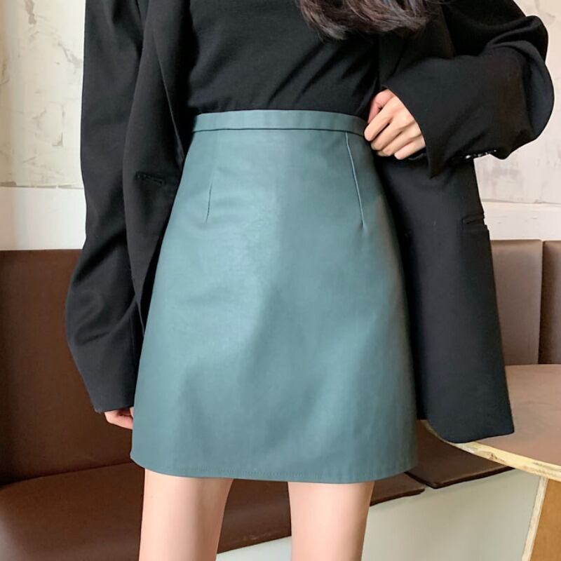 ハイウェストウェスト薄手レザーAラインスカート オータムカジュアルショート 秋物 YY-ファッション73047712999