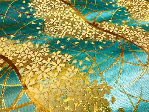 金襴　桜柄（水色/オレンジ）  Gold Brocade (Cherry Blossoms)