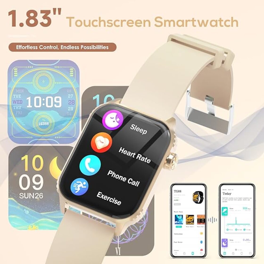 TRAUSI スマートウォッチ（男女兼用）1.83インチHDディスプレイ、120種類のスポーツモード、IP67防水、Bluetooth通話 ...