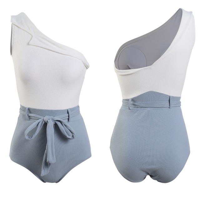 ワンショルワンピース水着 水着 無地 バイカラー 個性的 ウエストリボン 体型カバー スイムウェア プール 海 リゾート 韓国 韓国ファッション オルチャン 可愛い レディース 大人 セクシー Fa559 Musubi Me 韓国 オルチャン レディースファッションのお店