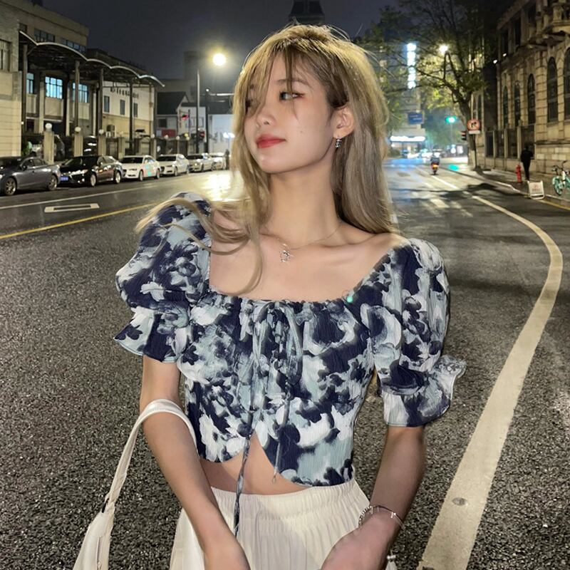 ハイウェストウェストクロップドショートブラウス サマー薄手スリーブカラーシャツ 大人ガーリー スウィート キュート カジュアル 夏物 スクウェア 試着室374390486