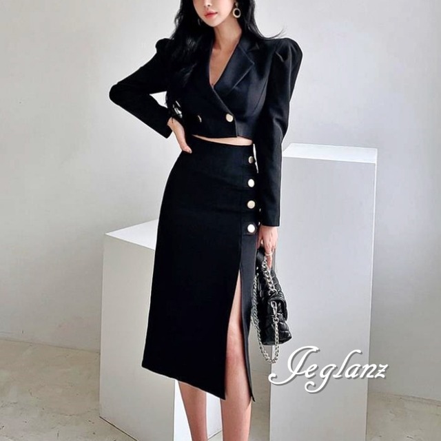 セットアップ 2点 クロップド丈 ジャケット テーラード ボタン 肌見せ（M5874）ιλ