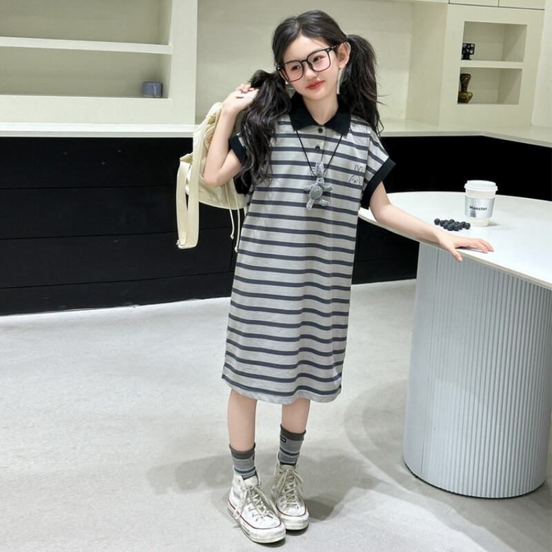 ストライプTシャツ×ポロワンピ ゆったり着心地 2025年夏 新作