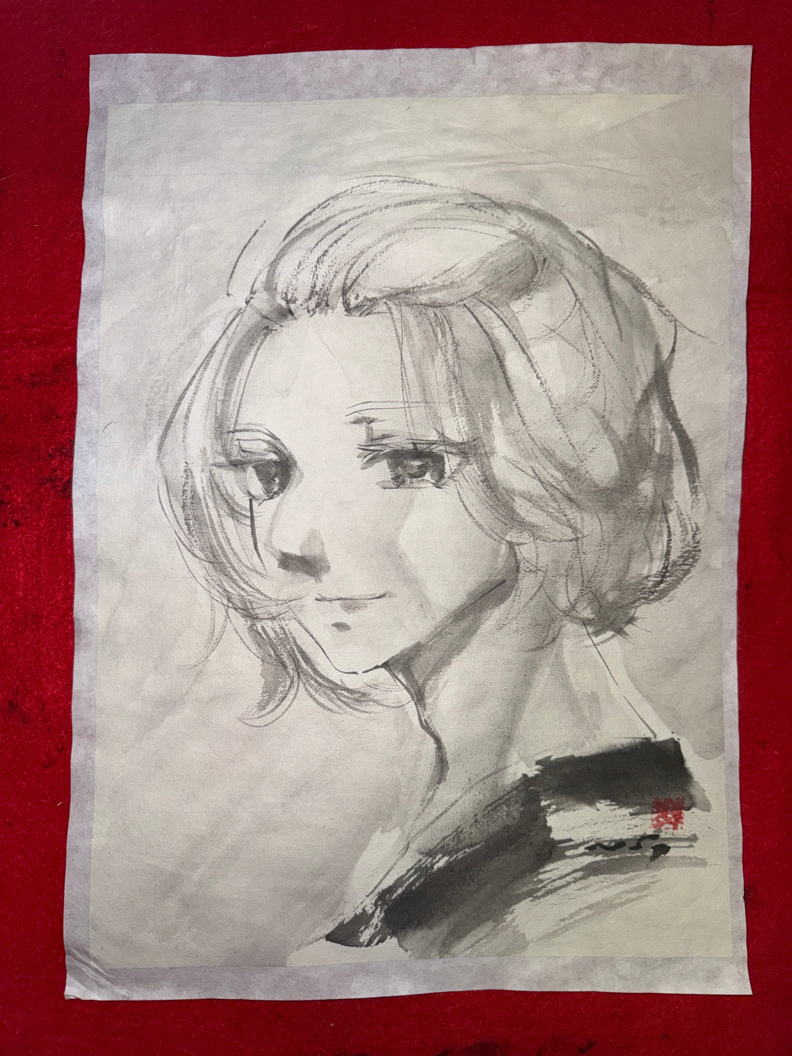 美人画 肉筆画 墨絵 水墨画 原画 現品限り #手 #花 | Pay ID