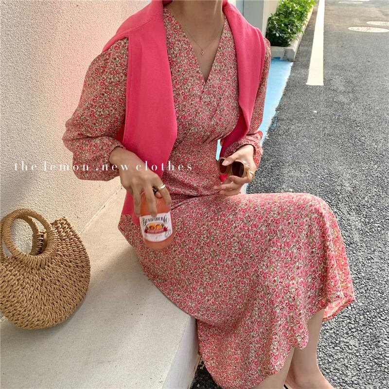 スプリングVネックフローラルスカート ウェストロングドレス レディース 春物 花柄 ビッグFスモールZ韓国17409551808