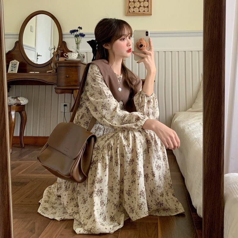 オータムウェストAラインフローラルドレス ロング 秋物 花柄 萌量不足62764407012