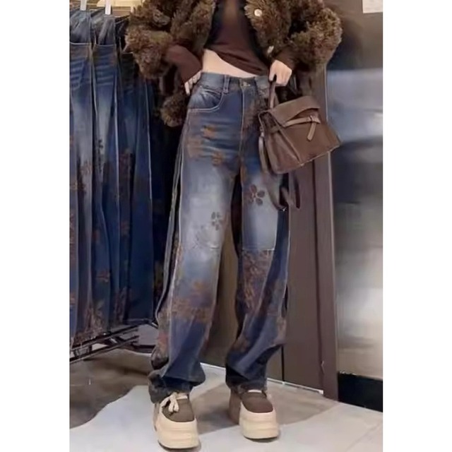 花柄ワイドストレートデニムパンツ【1840】