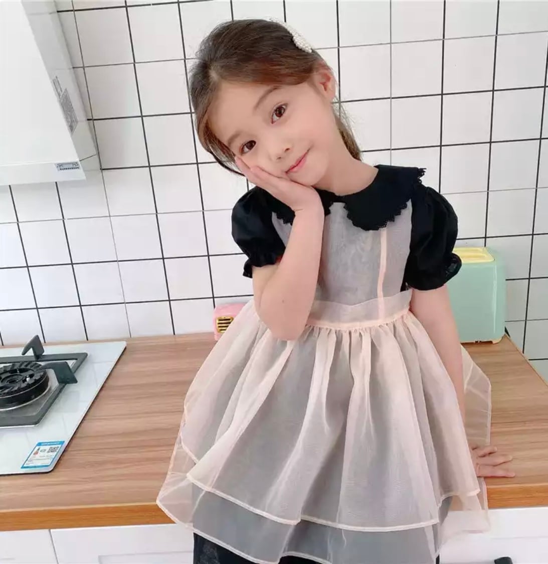 チュールエプロンワンピース 》 》》》 》》》》》 パフスリーブ 3WAY エプロン ワンピース ドレス キッズ プチプラ 海外子供服 インポート 女の子