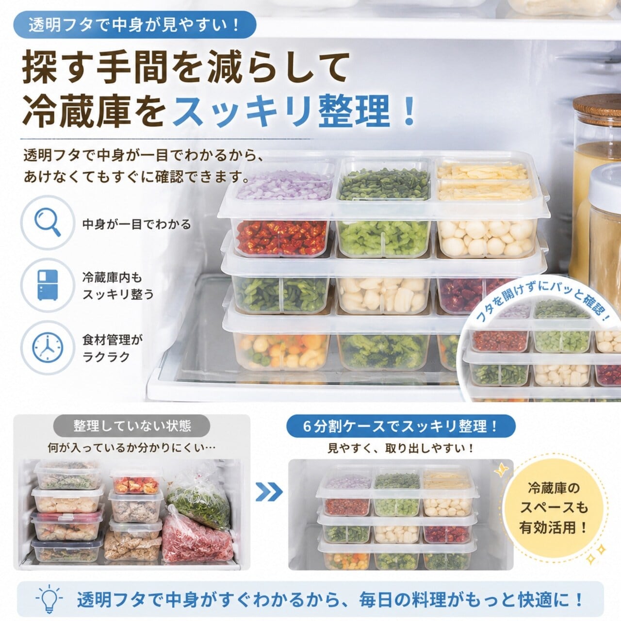 S48.【3個セット]】食品用 6分割 冷凍保存容器 作り置き・下味冷凍