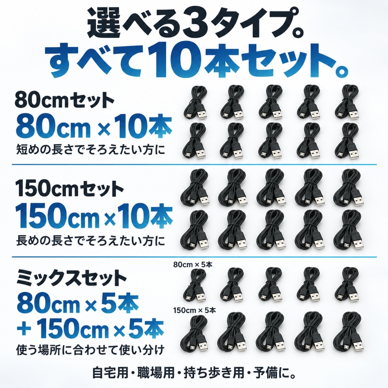 【Micro-B ケーブル 10本セット】 USB-A マイクロUSB 充電 データ通信 80cm 150cm 選べる3タイプ