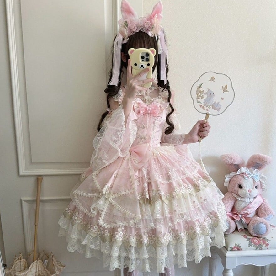 【白糖少女】ゴスロリ・ロリータドレス ロリィタドレス　JSK 甘ロリ　ピンク 甘ロリJSK チョーカー 姫袖付き ピンク 多層フリルレース姫系ロリータ