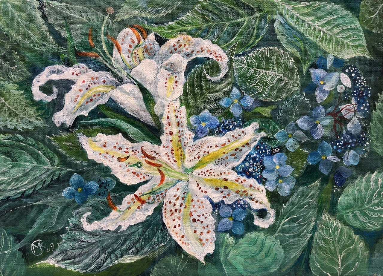 紫陽花と百合 | Gallery Enatsu 江夏画廊 | ハートウォーミングな絵画