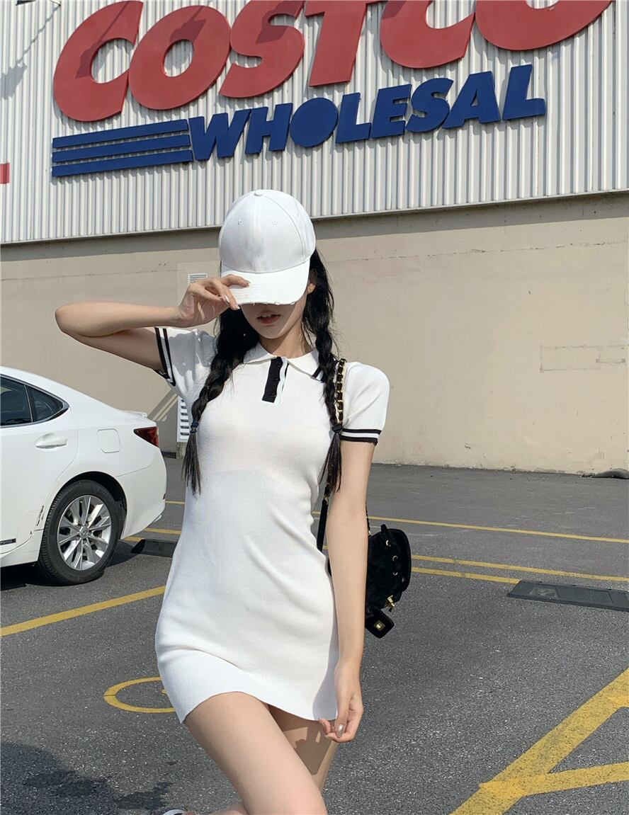 ドレス レディーススタンダードカラーショートスカート サマーホワイト レトロ 夏物 ブラックストロベリース56724830543