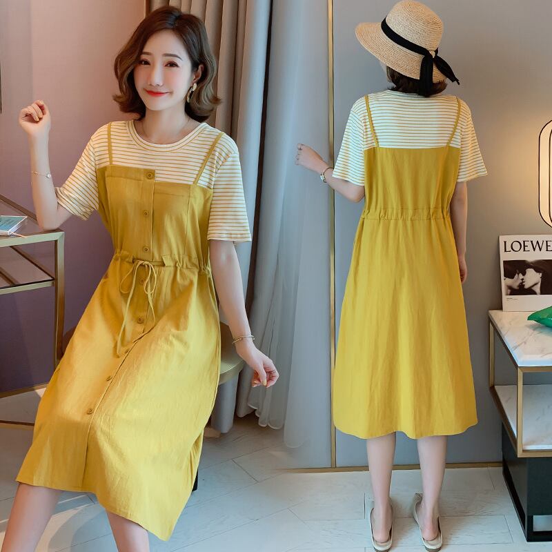 【新作】【送料無料】 マタニティウェア2019夏バージョンの新しいファッションストライプコットンとリネンルーズドローストリングフェイクツーピースマタニティドレス-アリババ サマー 夏物 expec248903901885