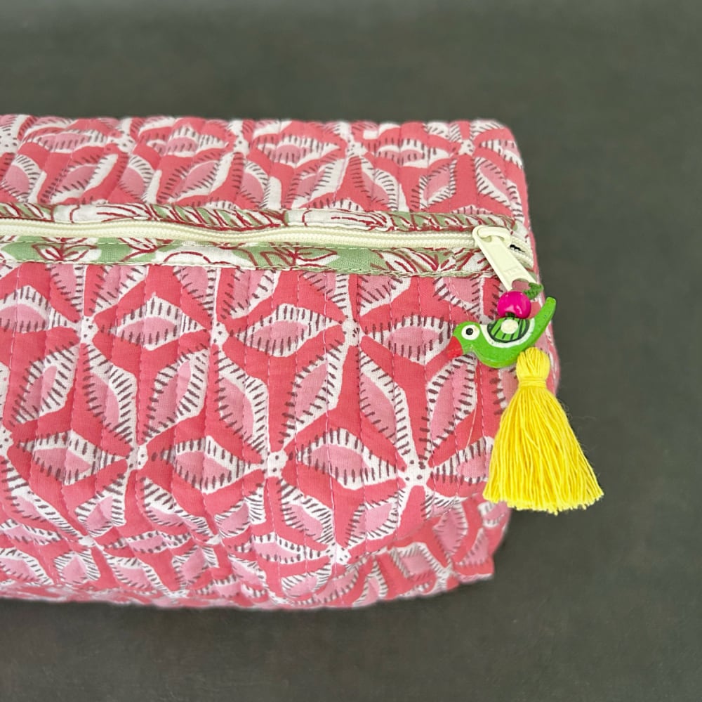 ブロックプリント トラベルポーチ L ピンク | アジアの手仕事雑貨cocowa