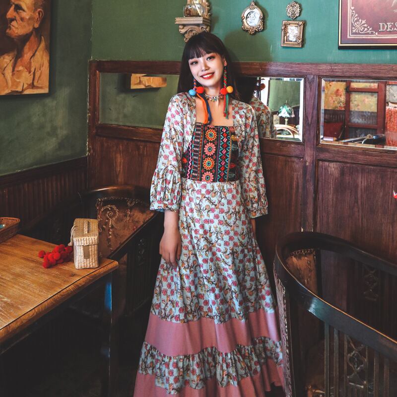 サマーエスニックロングスカート 刺繍プリントスタンダードドレス レトロ 夏物 ステッチ 延命家ファッション41121448281