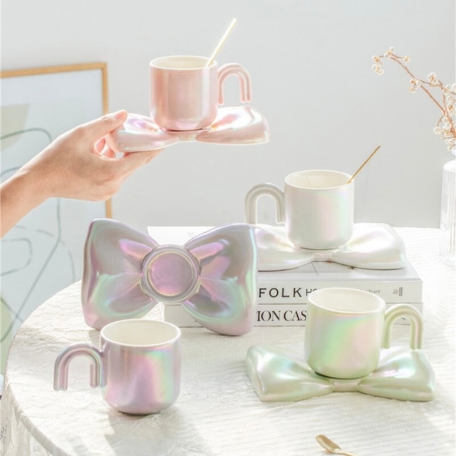 aurora ribbon cup saucer set 4colors / オーロラ リボン カップ ソーサー セット ホログラム 韓国雑貨