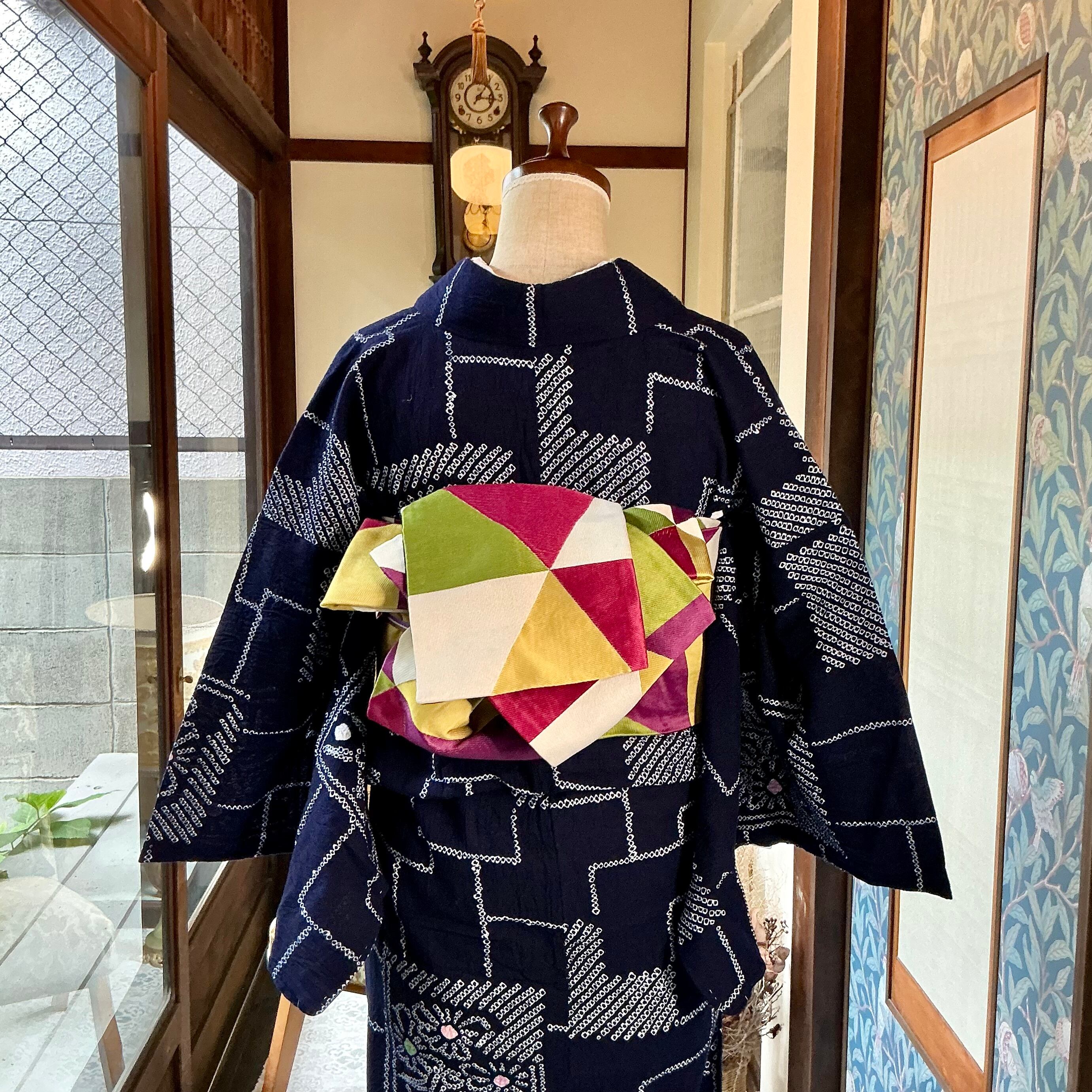 Navy Retro＊花 四角 ネイビー 紺 有松鳴海絞り浴衣 B715 | kimono tento