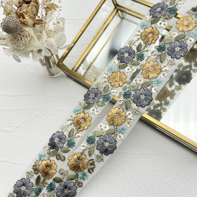 エアリースリム　[イエローブルー]インド刺繍リボン　2294