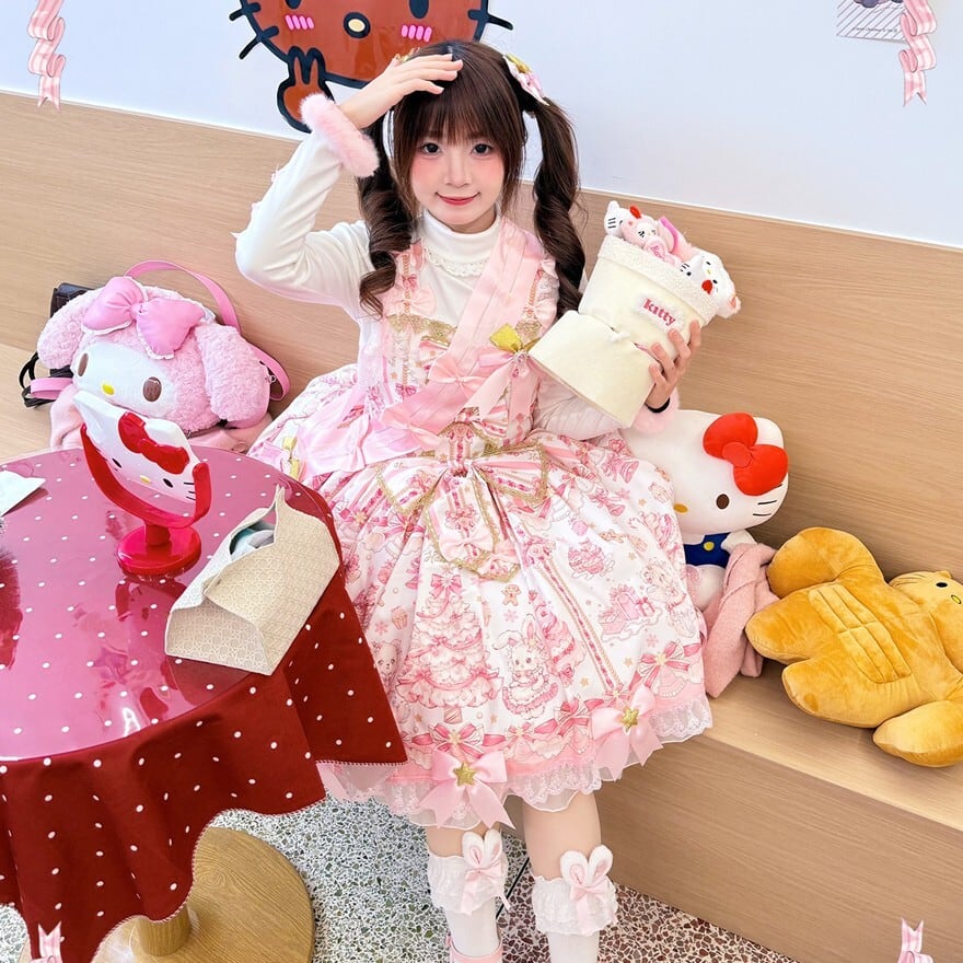 お*星様 激レア　懐古　ロリータ　チェックjsk お菓子×くま柄の甘ロリジャンパースカート｜星リボン付きスウィート