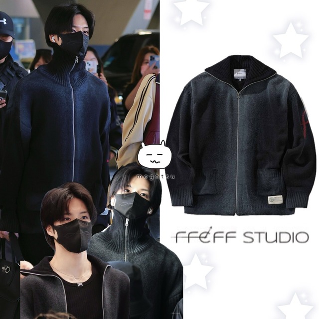 ★NCT DREAM ジェノ 着用！！【FFEFF STUDIO】ビンテージウォッシング エフロゴ ジップアップカーディガン(ブラック)