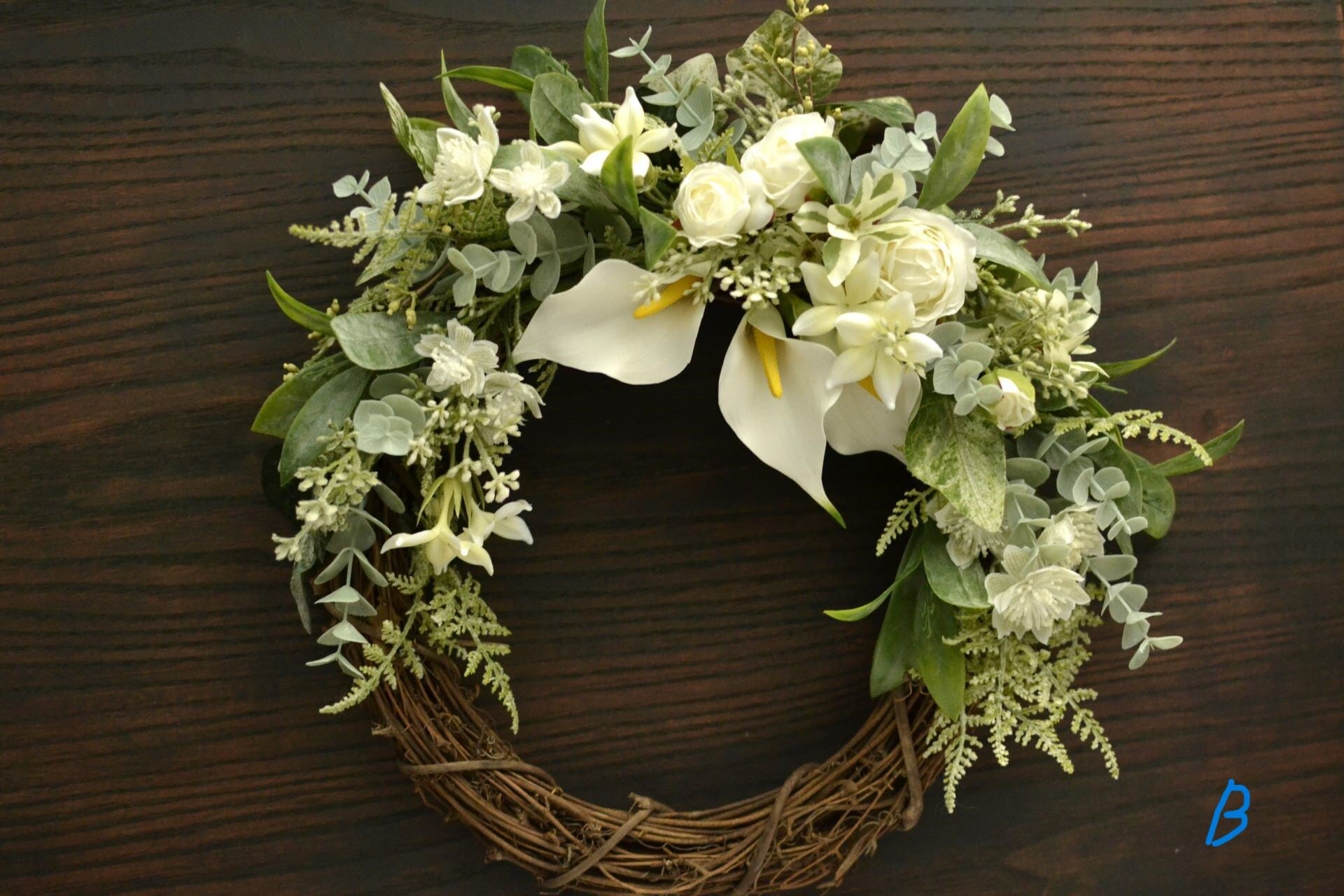 完成品】ホワイト・グリーン／アーティフィシャルフラワーリース