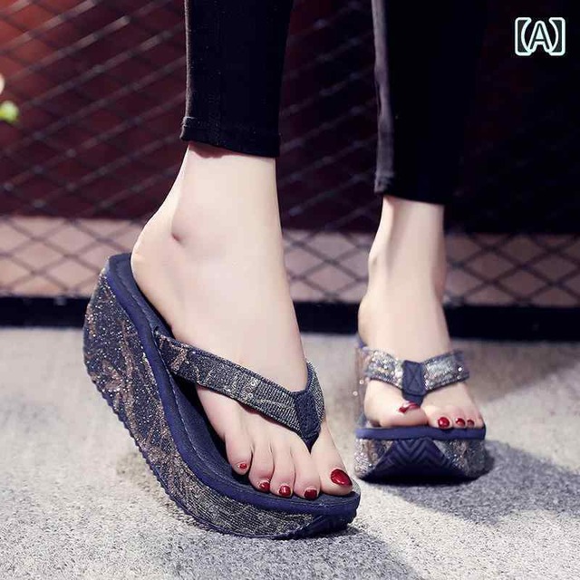ビーチサンダル ハイヒール キラキラ スパンコール 個性的 サンダル 下駄 かっこいい ウェッジソール 夏 シューズ 紺色 ネイビー 黒 ブラック ベージュ くすみカラー グリッター ラメ 厚底 7cm 高ヒール 脚長 身長アップ 着物 浴衣 お祭り