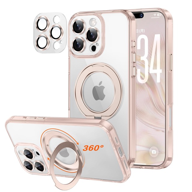 iPhone 16 Pro 用 ケース【カメラ全周保護・多機能一体】360度回転スタンド MagSafe対応 縦横両対応 マグネット搭載