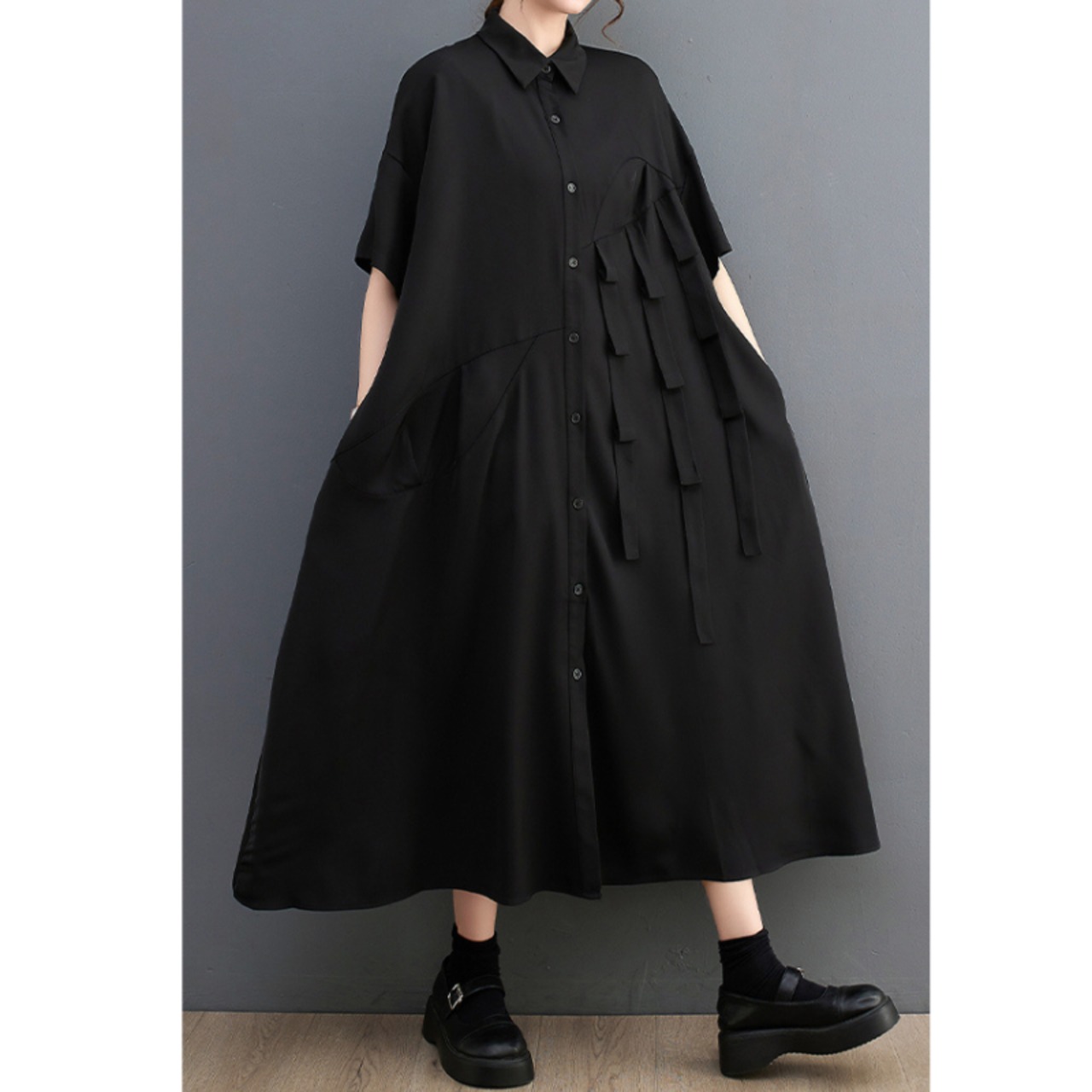 サイドフリンジ ルーズ シャツワンピース  30026