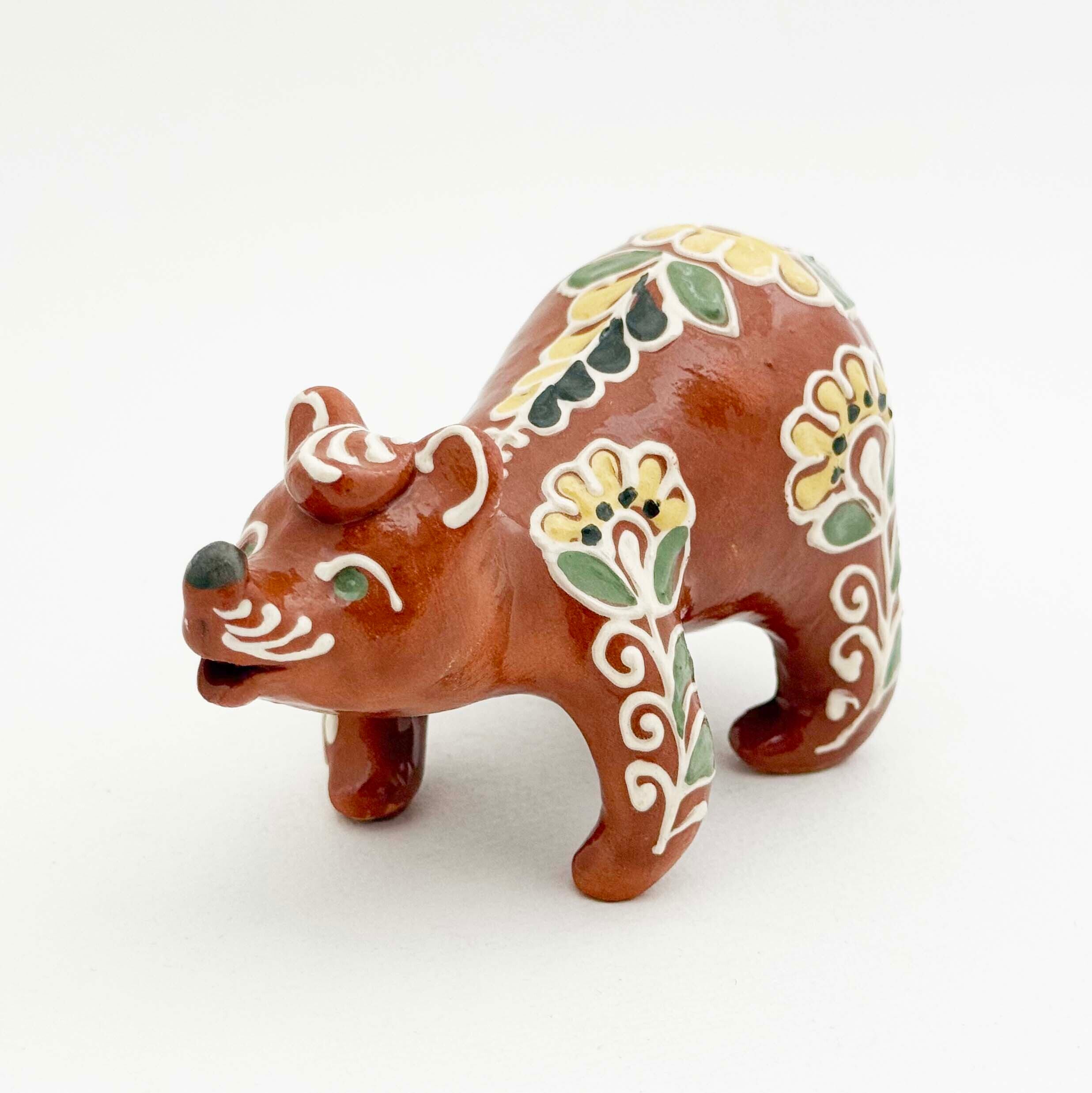ウクライナ産 オピシュニャ土人形(クマ 茶 / 黄色い花)