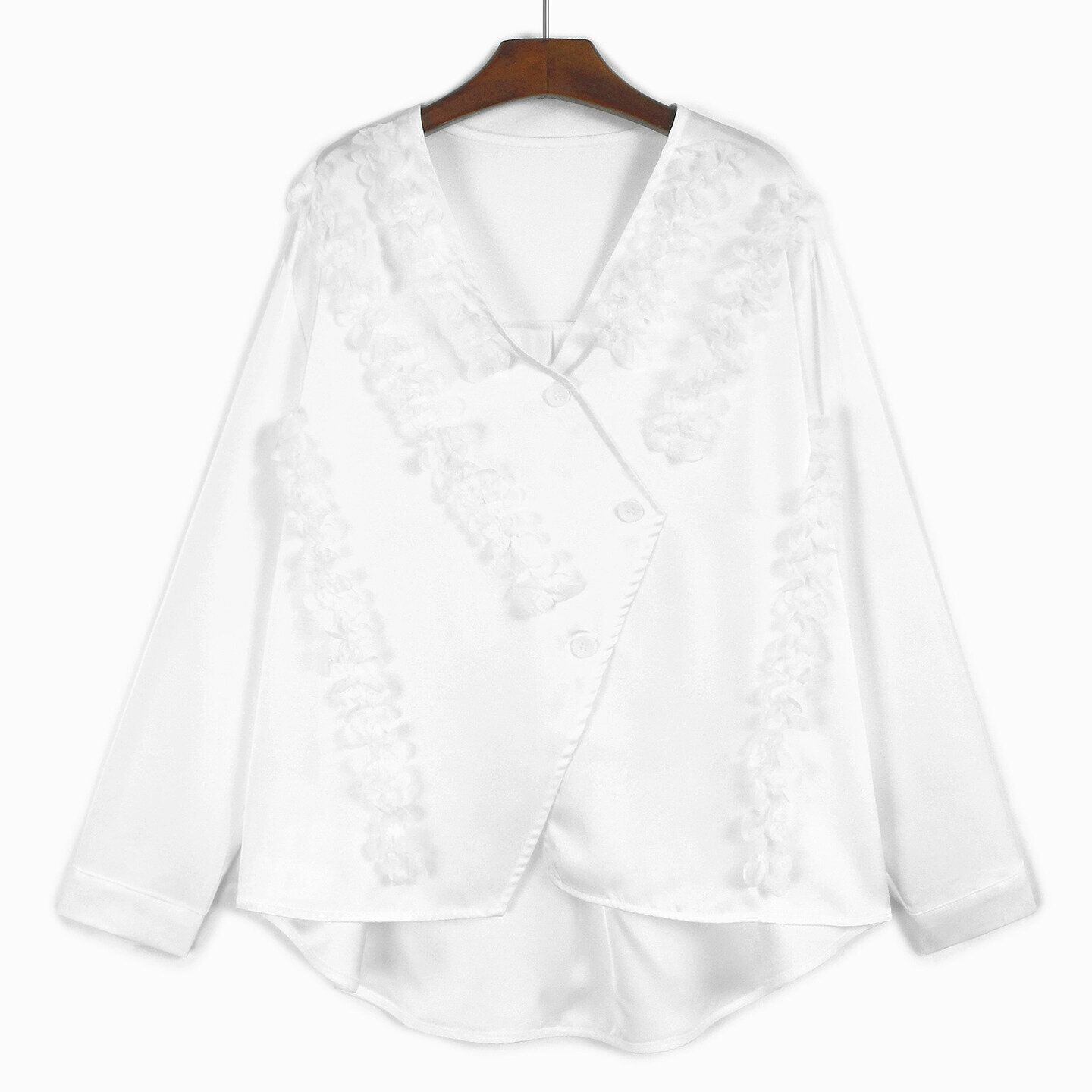 SOLID FRILL RIBBON TRIMMED V-NECK SHIRT JACKET 2colors M-14765