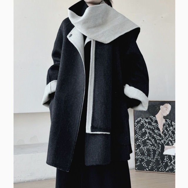 Loose collarless coat and muffler set【2color】 C0868