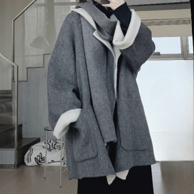 Loose collarless coat and muffler set【2color】 C0868