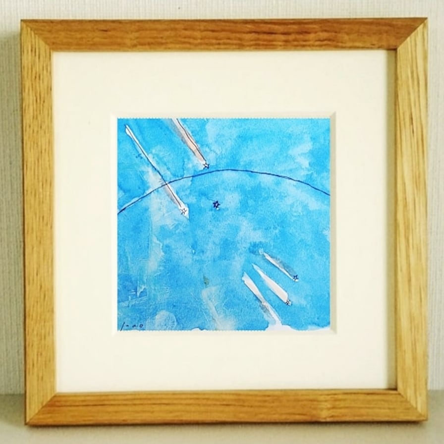 原画「流れ星」※木製額縁入り（18㎝角）イラスト・水彩・インテリア