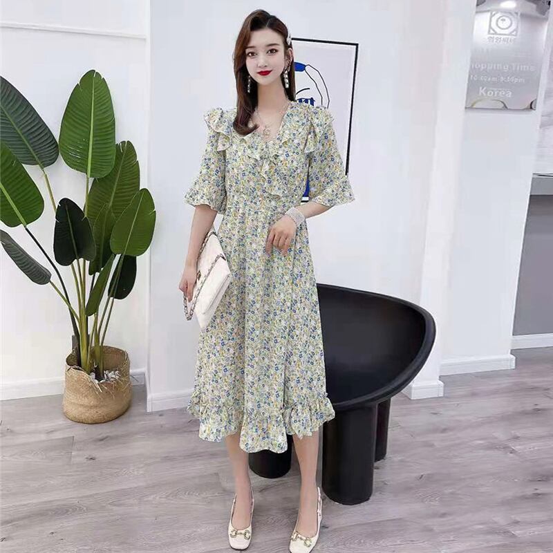 ドレス サマー薄手スタイルVネックフローラルウェストスカート 大きめサイズ 夏物 花柄 ミックスインファッション72454635357