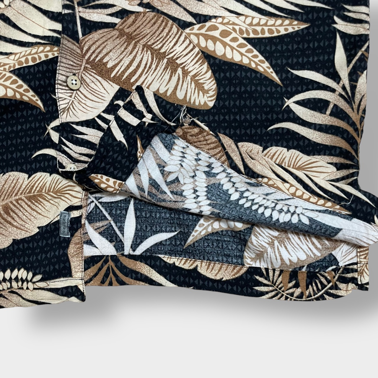 【Joe Martin】ブラックアロハ アロハシャツ リーフ 半袖シャツ 柄シャツ ハワイアン オールパターン 総柄 柄物 レーヨン MEDIUM US古着