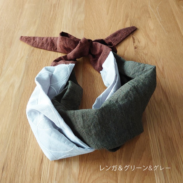 アシンメトリーねじりターバン　刺繍コットンリネン　レンガ&グリーン&グレー　Freeサイズ